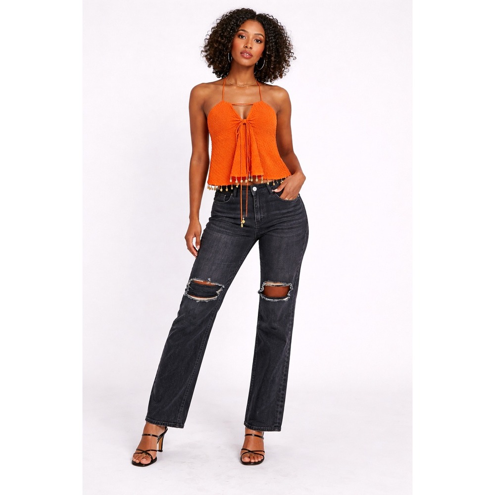 SHEIN Tall Black Distressed Straight Leg Jeans Size Medium High Rise Denim Pants